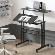 Soges Height Adjustable Computer Desk Sit Stand Workstation Mobile Standing Desk with Wheels, Standing Side Table with Castors, Black
