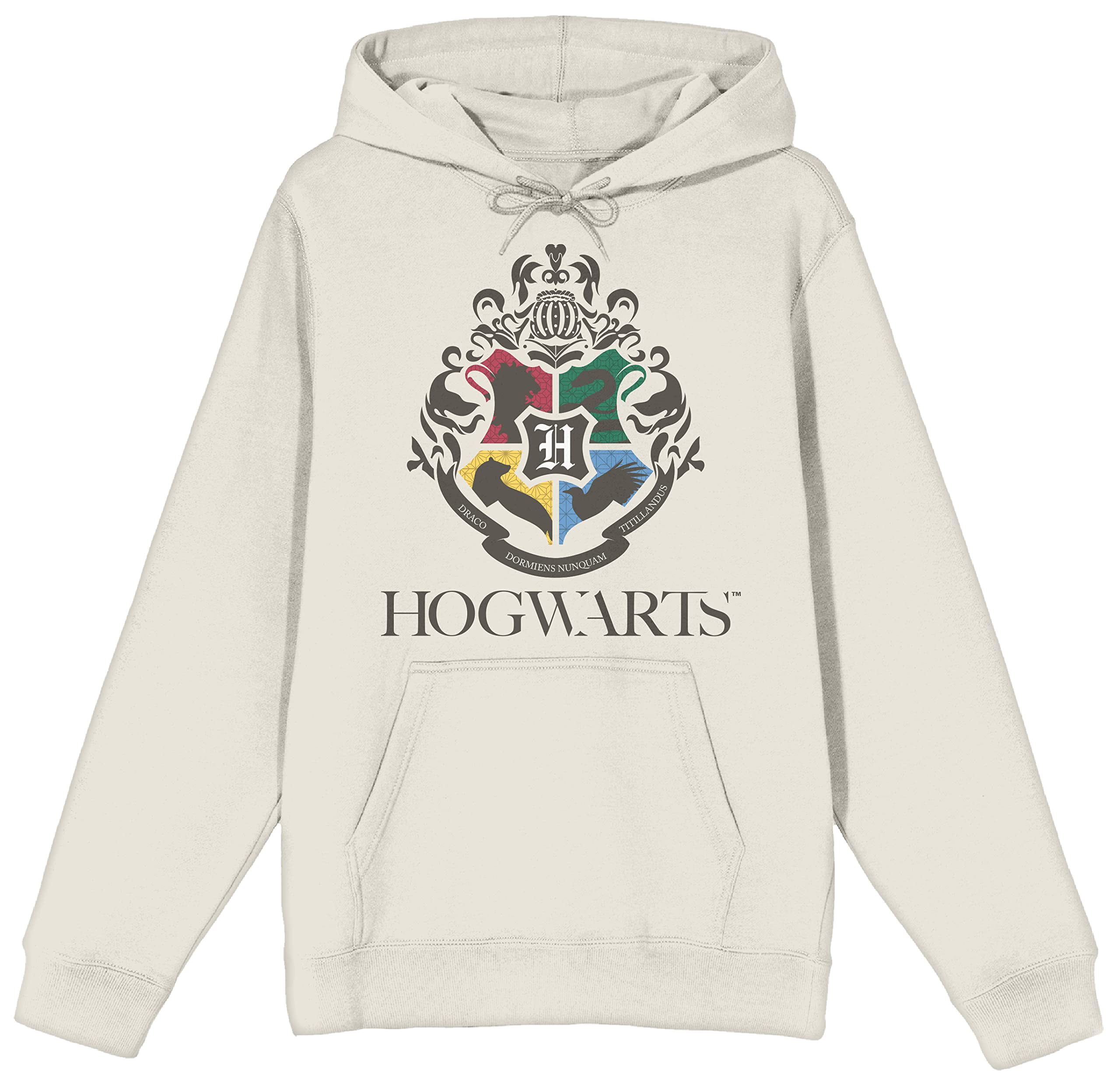 Harry Potter Minimal Hogwarts Crest Long Sleeve Natural Adult Hooded Sweatshirt-Large