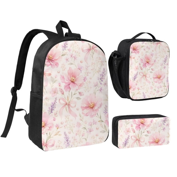 Pink Floral Bow Backpack Set 3pc Including Backpack, Lunch Bag and Pen Bag Combination
