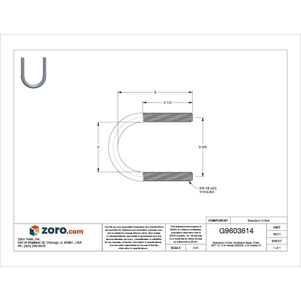 Round U-Bolt, 3/8"-16, 2 in W, 3 in H, Plain Stainless Steel S61500UB00