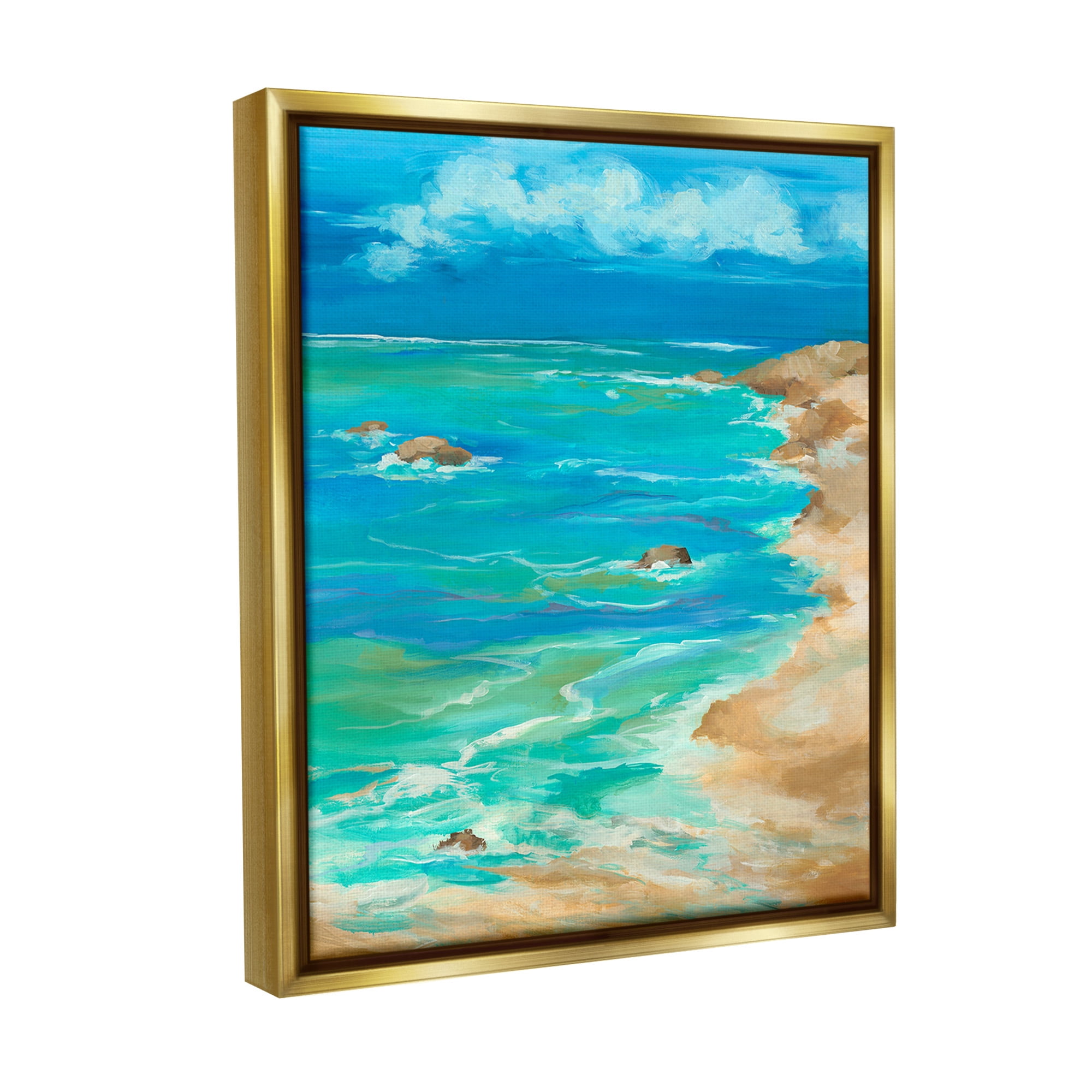 Stupell Industries Vivid Rocky Beach Cove Landscape Painting Gold Floater Framed Canvas Art Print Wall Art, 17 x 21