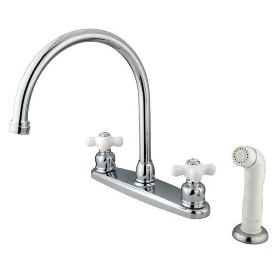 Kingston KB721PX Vintage Two-Handle 4-Hole 8" Centerset Kitchen Faucet with Side Sprayer in Polished Chrome