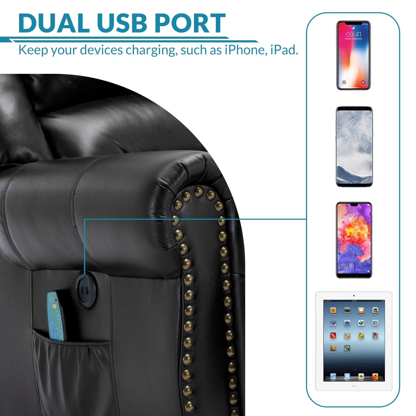 OUINCH Manual 360 Degree Swivel Glider Rocker Recliner Chair with Massage and Heat, USB Ports and 2 Side Pockets, Faux Leather, Black