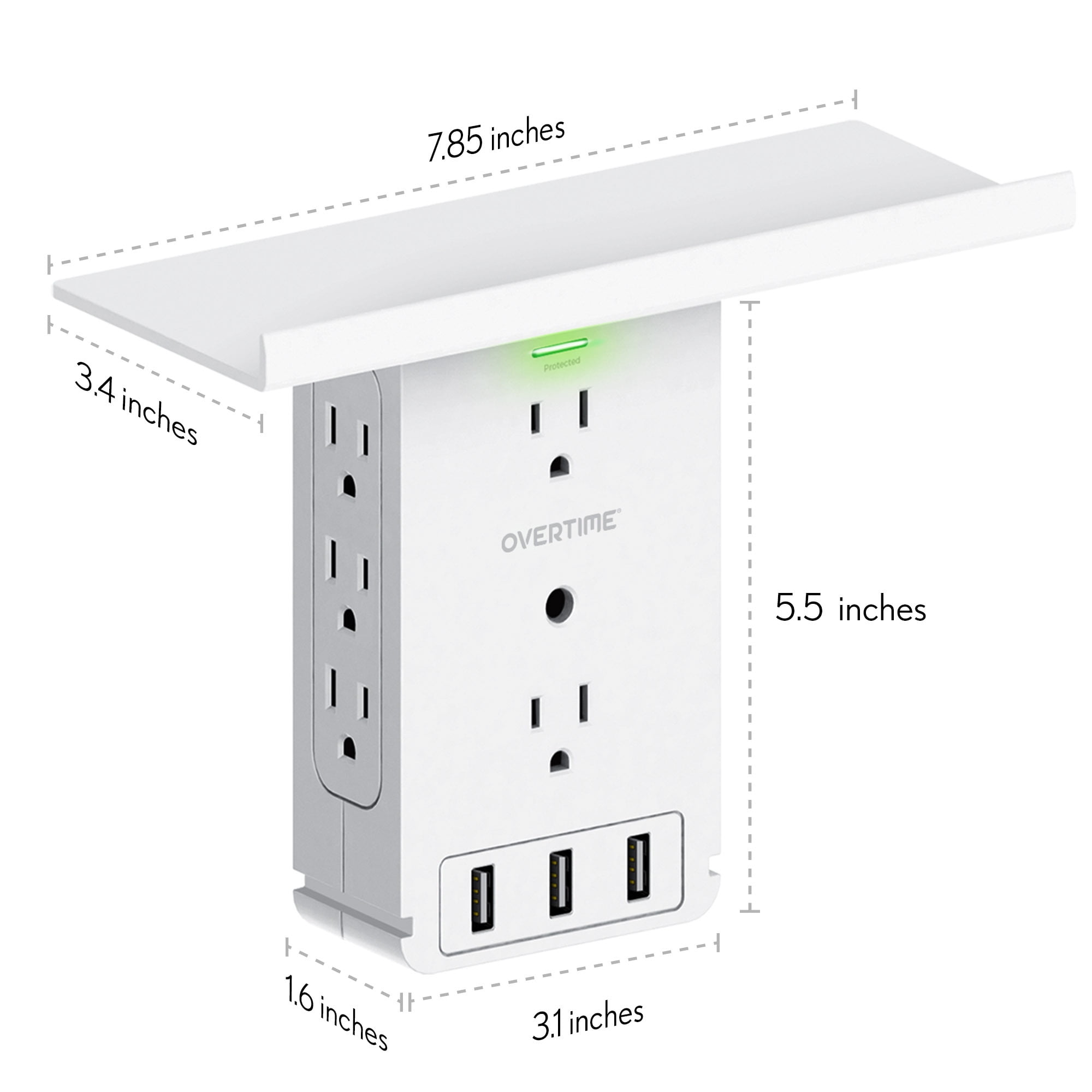 Overtime Outlet Extender, Outlet Splitter With 8 AC and 3 USB Outlets, Detachable Shelf, Multi-Plug Outlet Extender With Surge Protector for Home Appliances, Office, and Travel - White