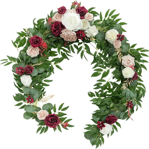 Moment Flower Garland 6FT Eucalyptus & Rose Artificial Floral Garland for Wedding Reception, Mantle, Table, Christmas Decor, Red-marsala & Blush 02