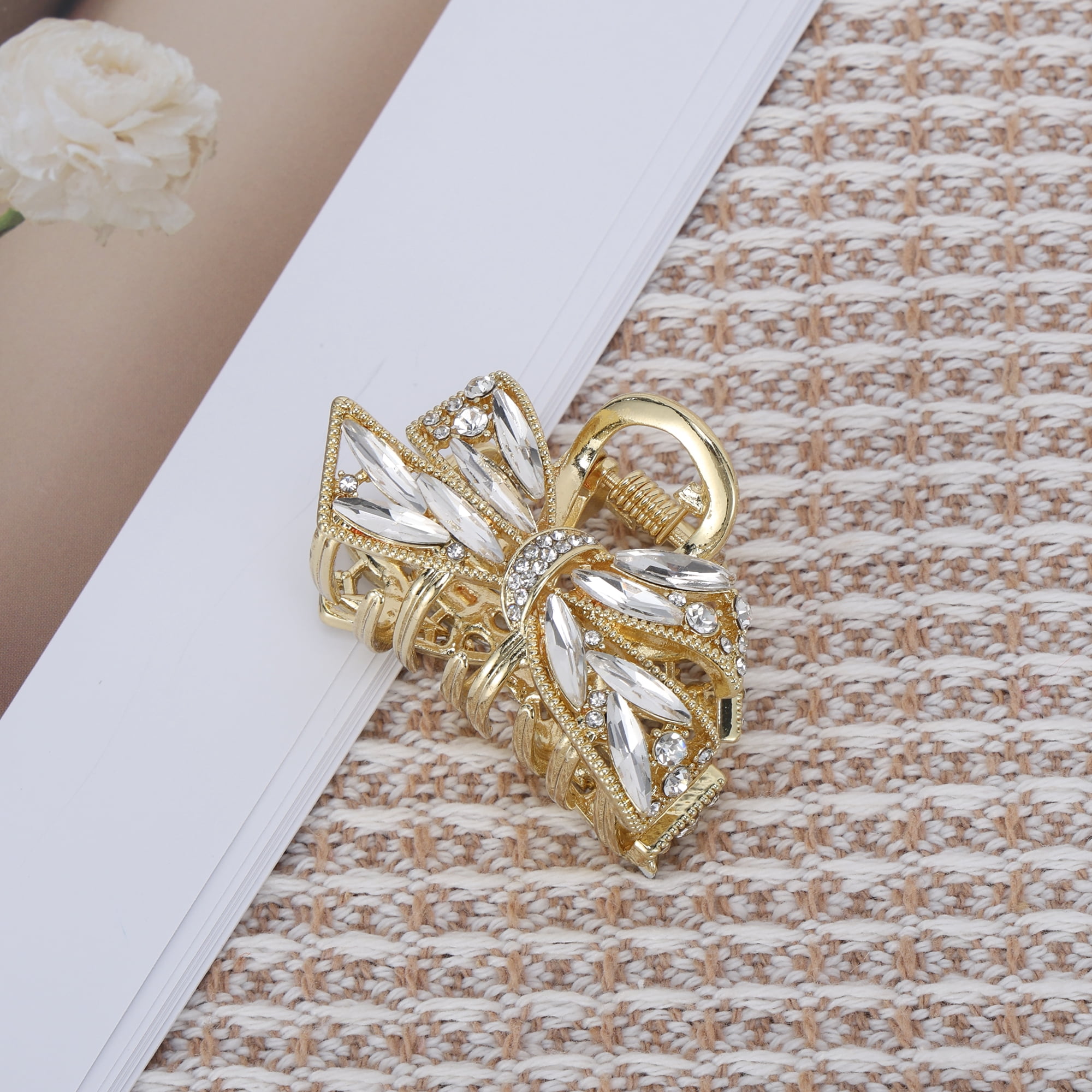 Unique Bargains Faux Crystal Bow Claw Clip in Gold Tone
