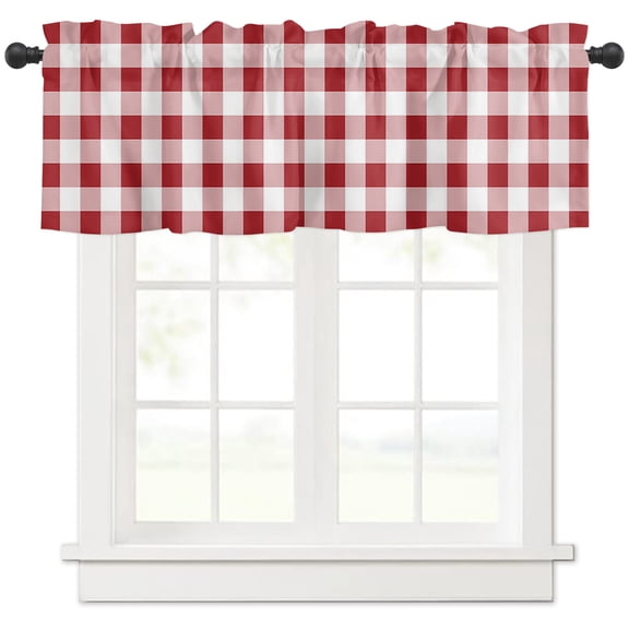 Hokiten Rod Pocket Curtain Valance, Farmhouse Red Plaid Farmhouse Window Valance for Living Room, Bedroom, Kitchen Rustic Red White Checkered 42"W x 12"L