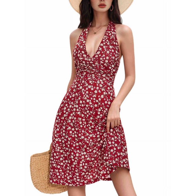Robe d'Été Sans Manches Portefeuille à Col en V à Fleurs pour Femme Mini Robe Bordeaux m