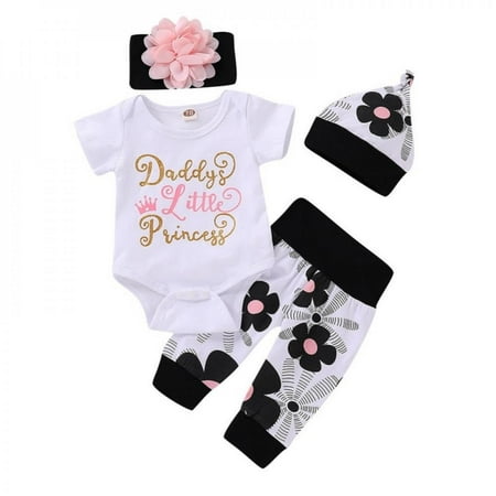 

Promotion Clearance Newborn Baby Girl Clothes Outfit White Romper Bodysuit Tops Floral Pants Set with Headband Hat 4Pcs Clothing