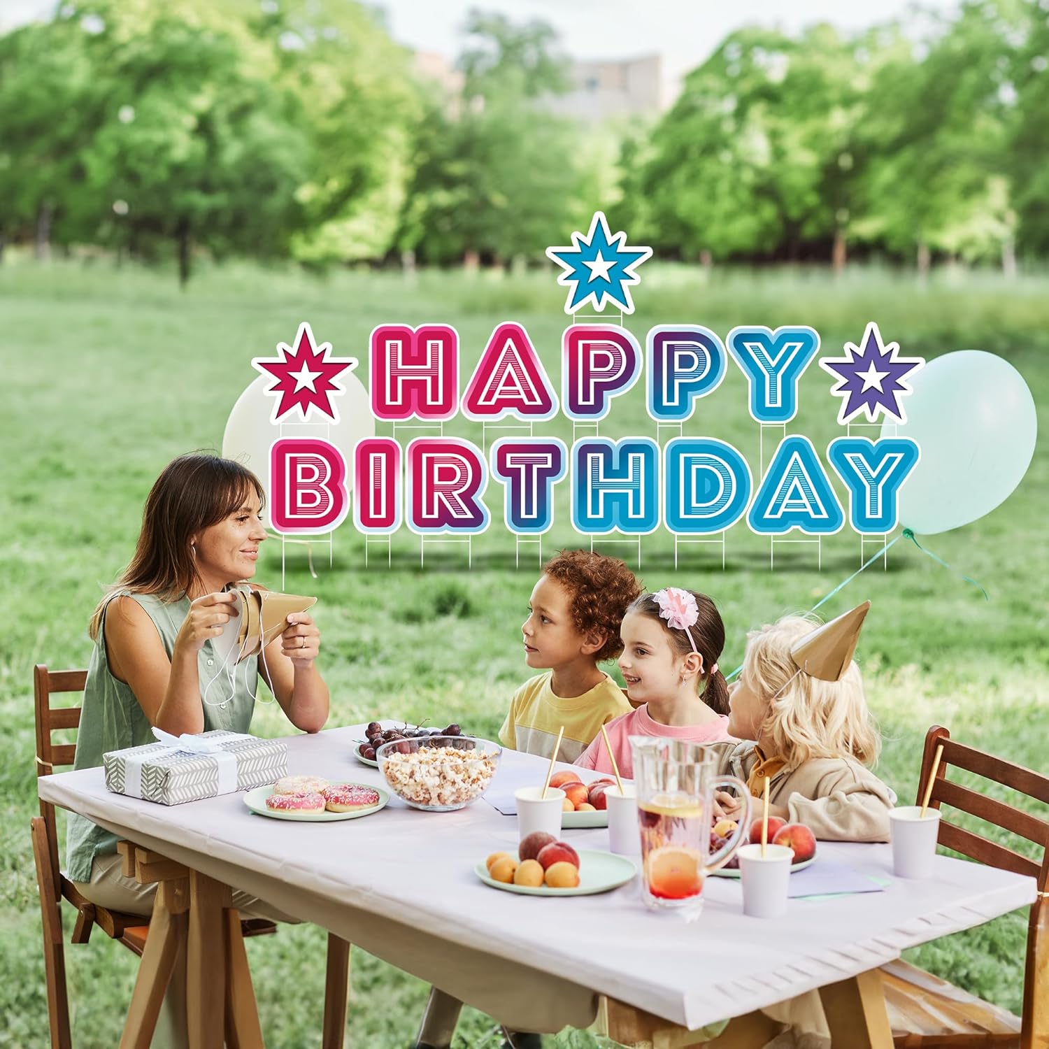 Yardlio Multicolored 3-in-1 Happy Birthday Yard Signs with Stakes and Stars, Tool-Free Installation, Waterproof, Durable