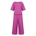 thumbnail image 4 of Pimfylm Linen Sets for Women 2 Piece Women's Boat Neck 1/2 Sleeve Shirts Wide Leg Breathable Cotton Pants Suits with Pockets Hot Pink, S, 4 of 6