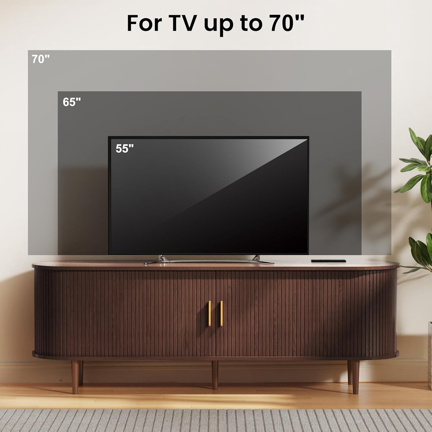 63 Inch Mid-Century Modern TV Stand with Power Outlet and Sliding Doors, Entertainment Center with Adjustable Storage Shelves, for TVs up to 70 Inches, Walnut