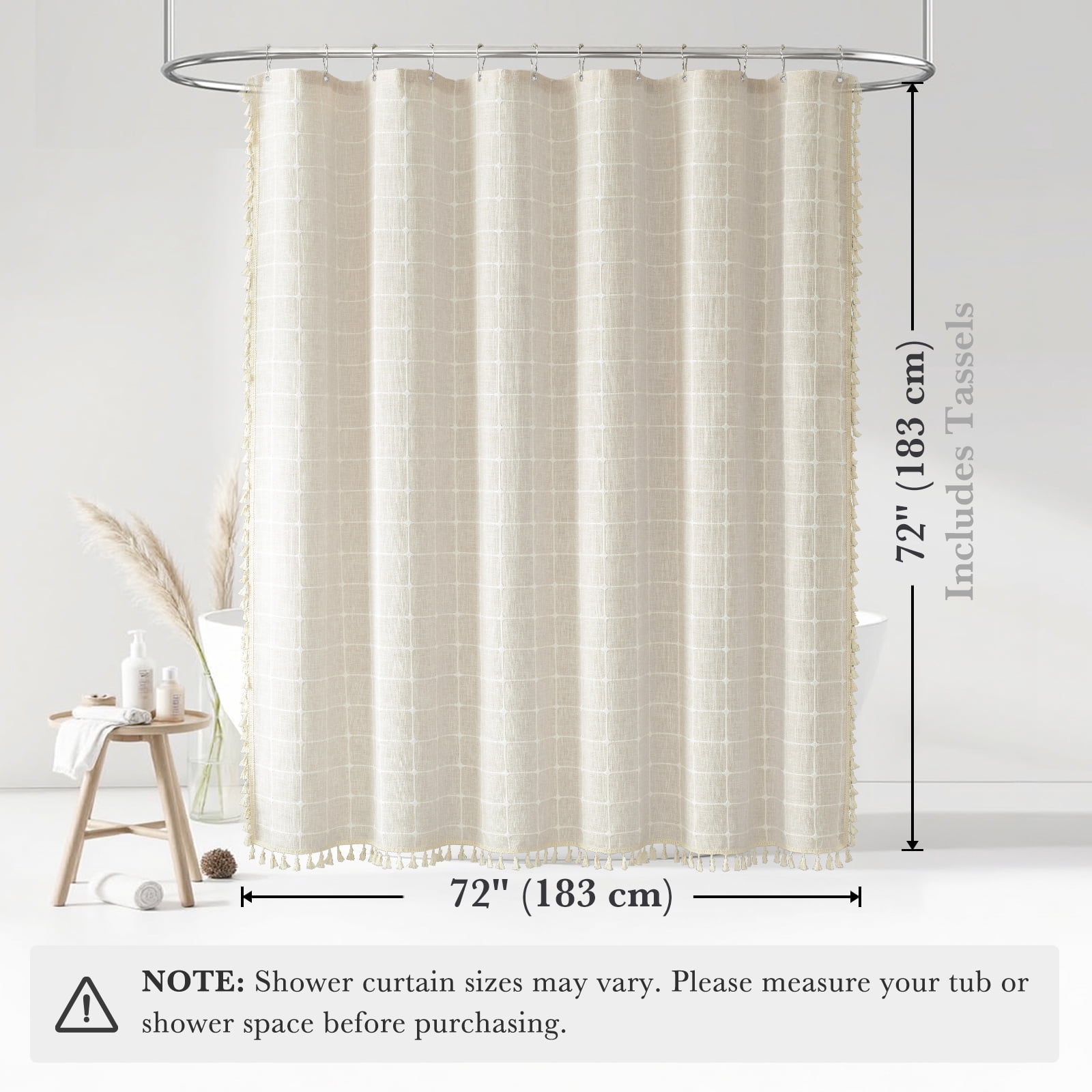 Lipa Boho Farmhouse Shower Curtain,Rustic Linen Blend Grid Shower Curtain with Tassels,Bathroom Shower Curtain with 12 Hooks,Beige,72" x 72"