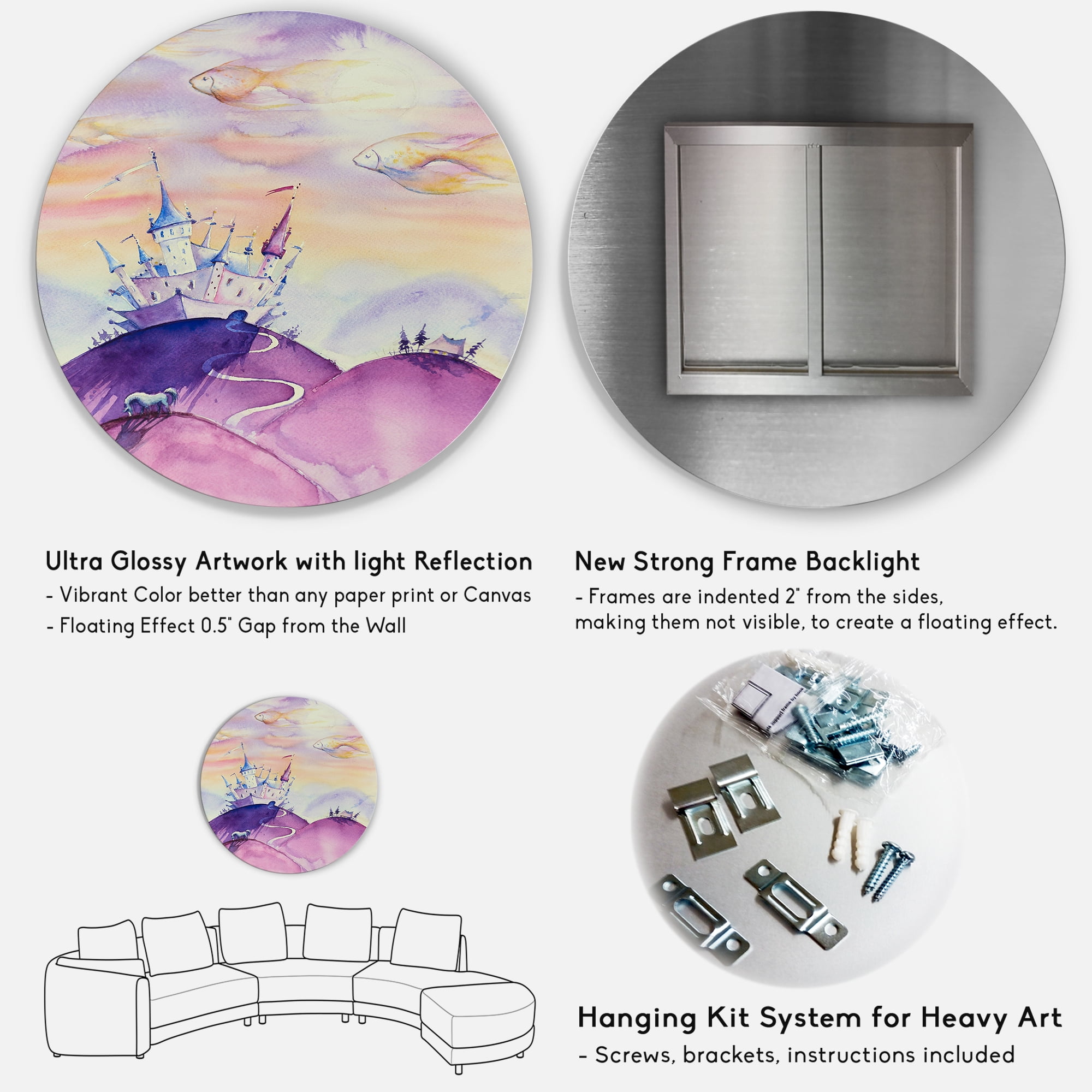 Designart 'Fairy Tale Kingdom Palace On Purple Mountain Top' Children's Art Circle Metal Wall Art 23x23 - Disc of 23