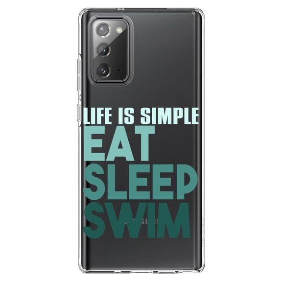 DistinctInk Clear Shockproof Hybrid Case for Samsung Galaxy Note 20 (6.7" Screen) - TPU Bumper Acrylic Back Tempered Glass Screen Protector - Life Is Simple Eat Sleep Swim