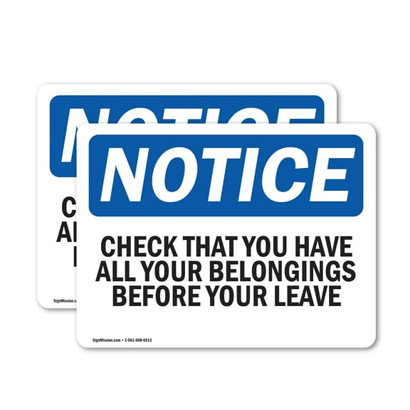 (2 Pack) Check That You Have All Your Belongings OSHA Notice Sign