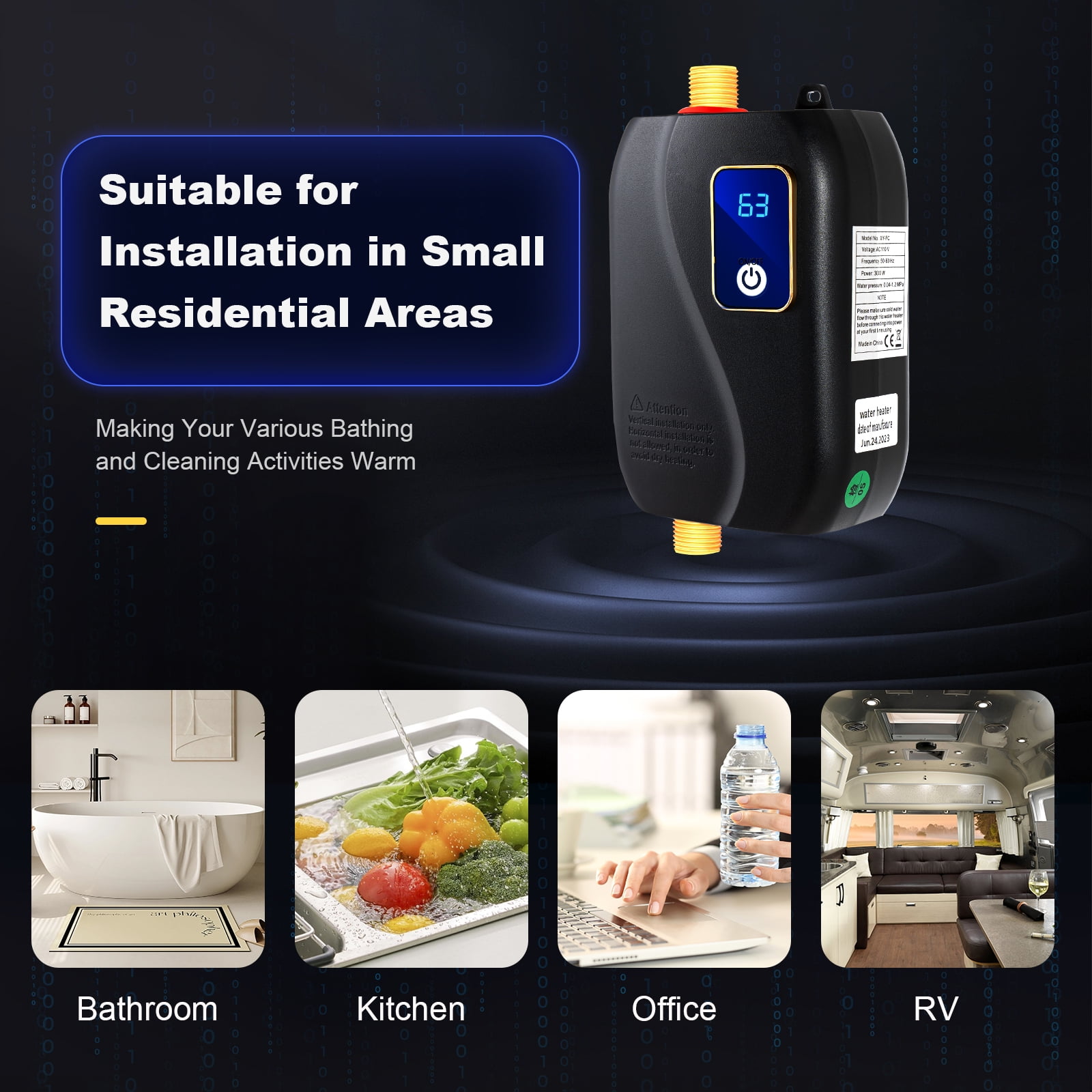 Electric Tankless Water Heater 110V 3000W stainless steel On Demand Hot Water 20-50℃ Eco Black 4.6*2.8*6.3in