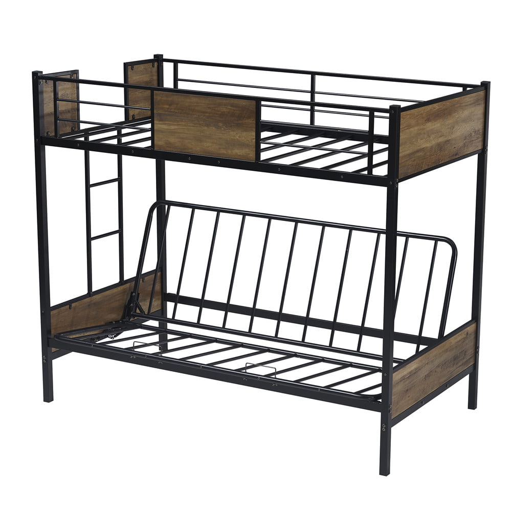 Futon Bunk Bed With Wooden Headboard, Twin Over Futon Bunk Bed With Mattress Included