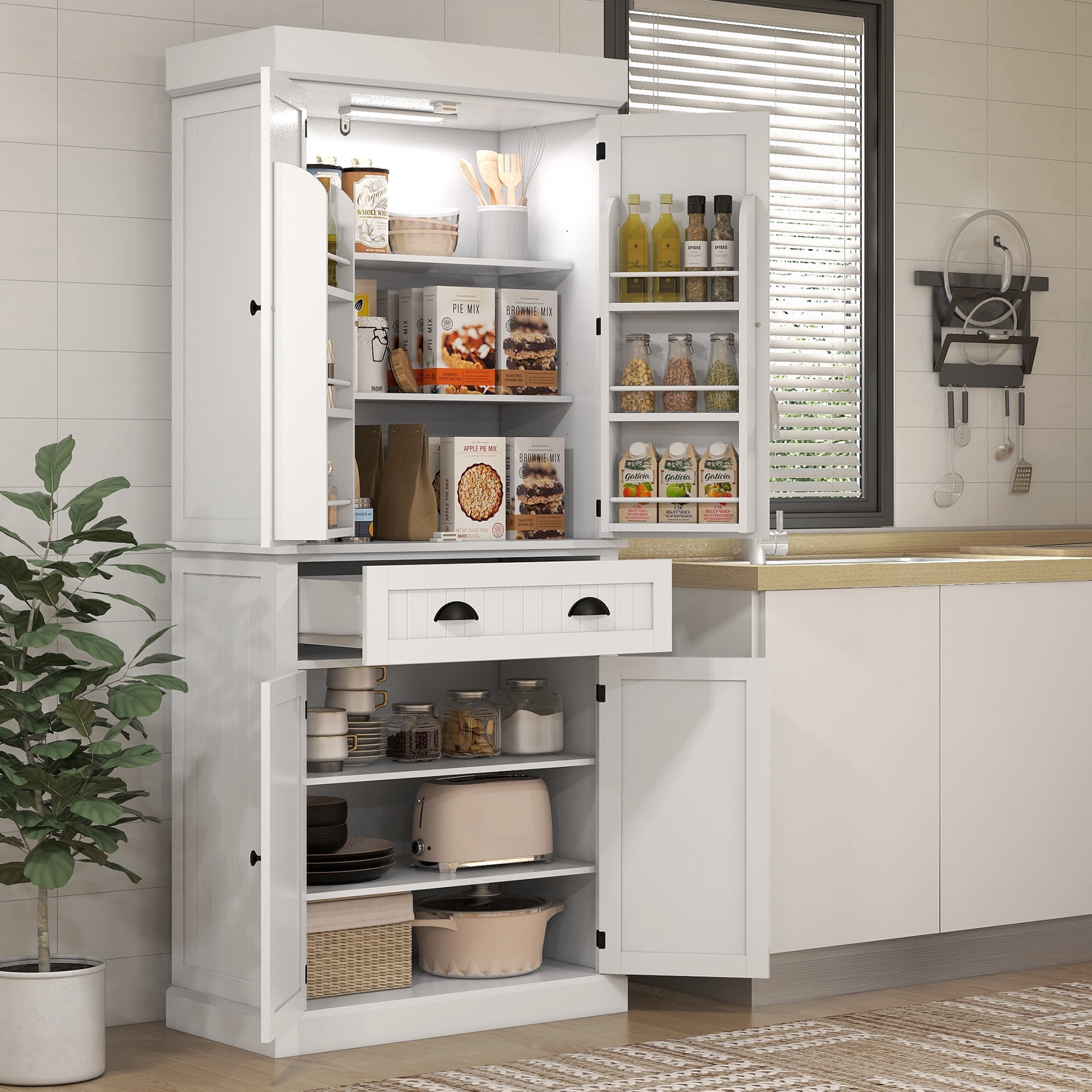 HOMCOM 71" Kitchen Pantry Cabinet with Large Storage and LED Lights, White