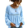 thumbnail image 2 of Women's Solid Color Round Neck Lace Patchwork Blouse, Long Sleeve Hollow Out Casual Shirt, Loose Fit Eyelet Top for Daily Office Holiday Wear 03-Sky Blue S, 2 of 5