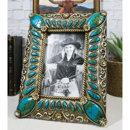 Rustic Western Turquoise Teardrop Gems Scrollwork Patterns 6X4 Picture Frame