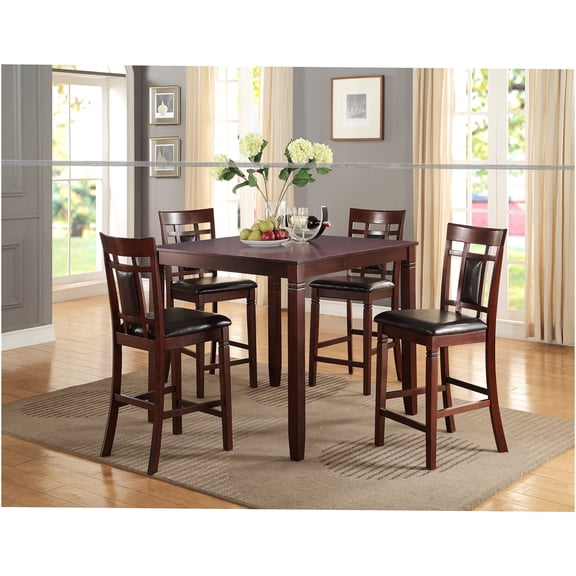 JERFIT 5-Piece Counter Height Dining Set with Eyelet Back Chairs, Square Rubberwood Table for 4, Brown Faux Leather Upholstery