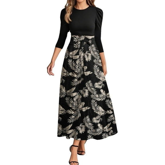 WTOBBY Women's Fashion Floral Stitching Belted Round Neck 3/4 Sleeve Dress, Elegant Casual Midi Dress with Feminine Details for Office Wear,Black L