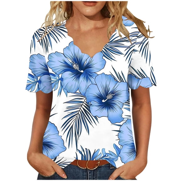 YUGYXL Womens T Shirts Short Sleeve Summer Tops Cute V Neck Casual Blouses Blue Top XL