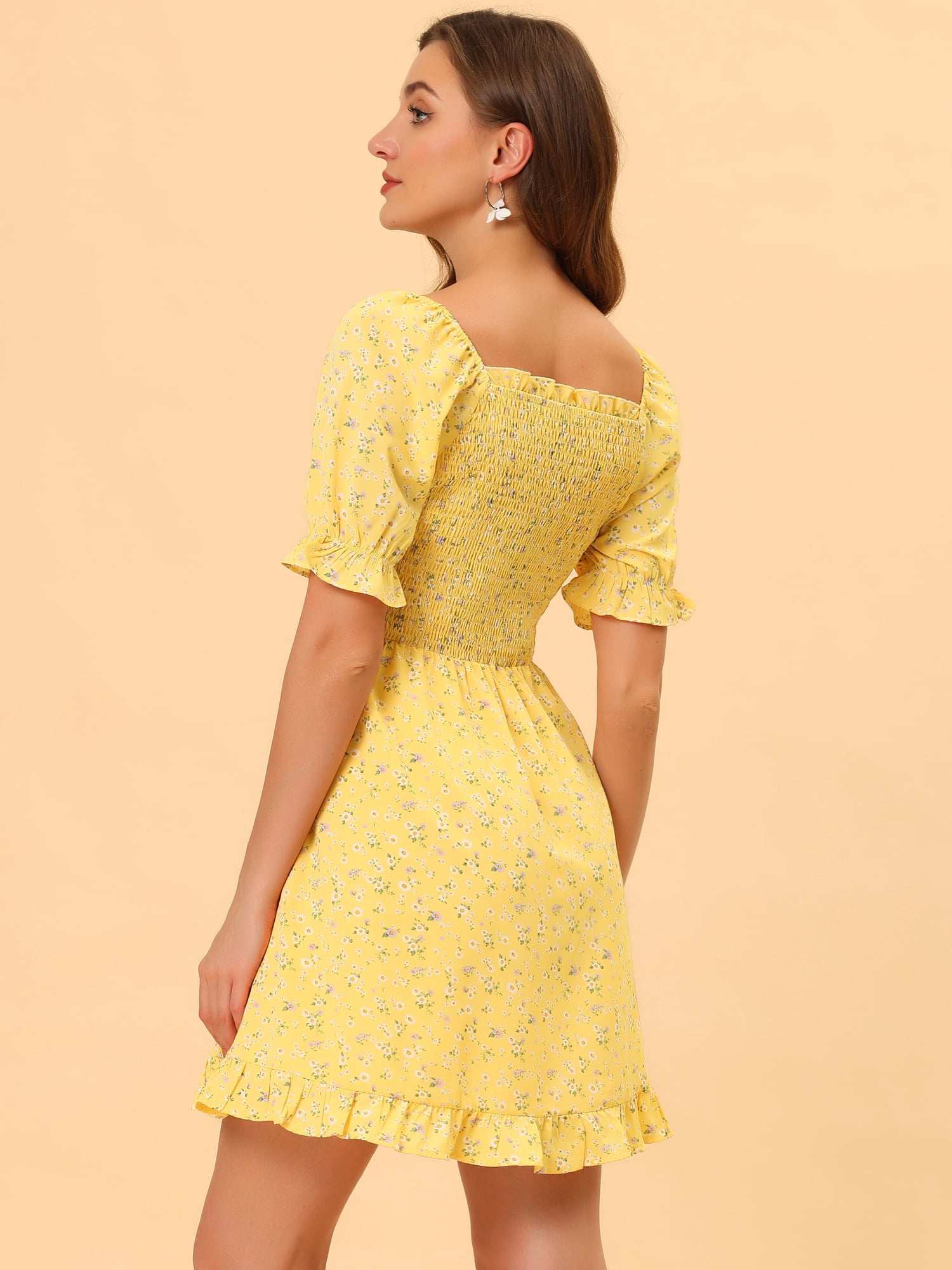 DARING DIVA Puff Sleeve Back Smocked Sweetheart Neck Ruffled Hem Dress L Yellow