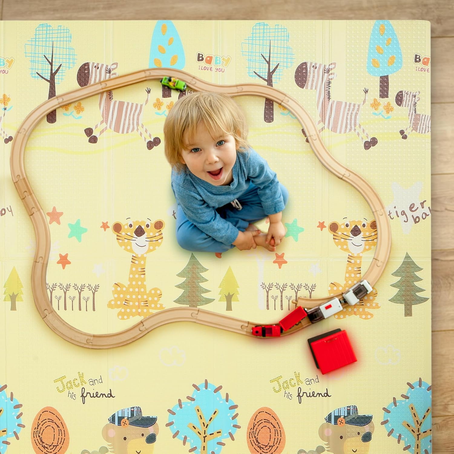 Bammax Extra Large 78" x 70" x 0.4" XPE Foam Baby Play Mat with Travel Bag | Waterproof, Foldable & Reversible Padded Playmat | Baby Crawling & Kids Play Mat – Giftable Design, Giraffe & Mixed Animal