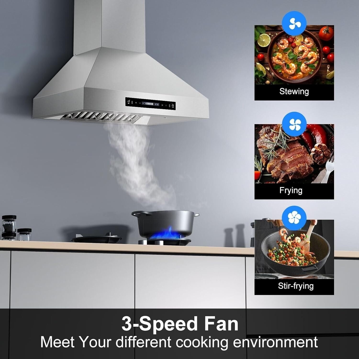 900CFM 30 inch Wall Mount Range Hood Stainless 3-Speed Fan Dishwasher Clean Filter 120V