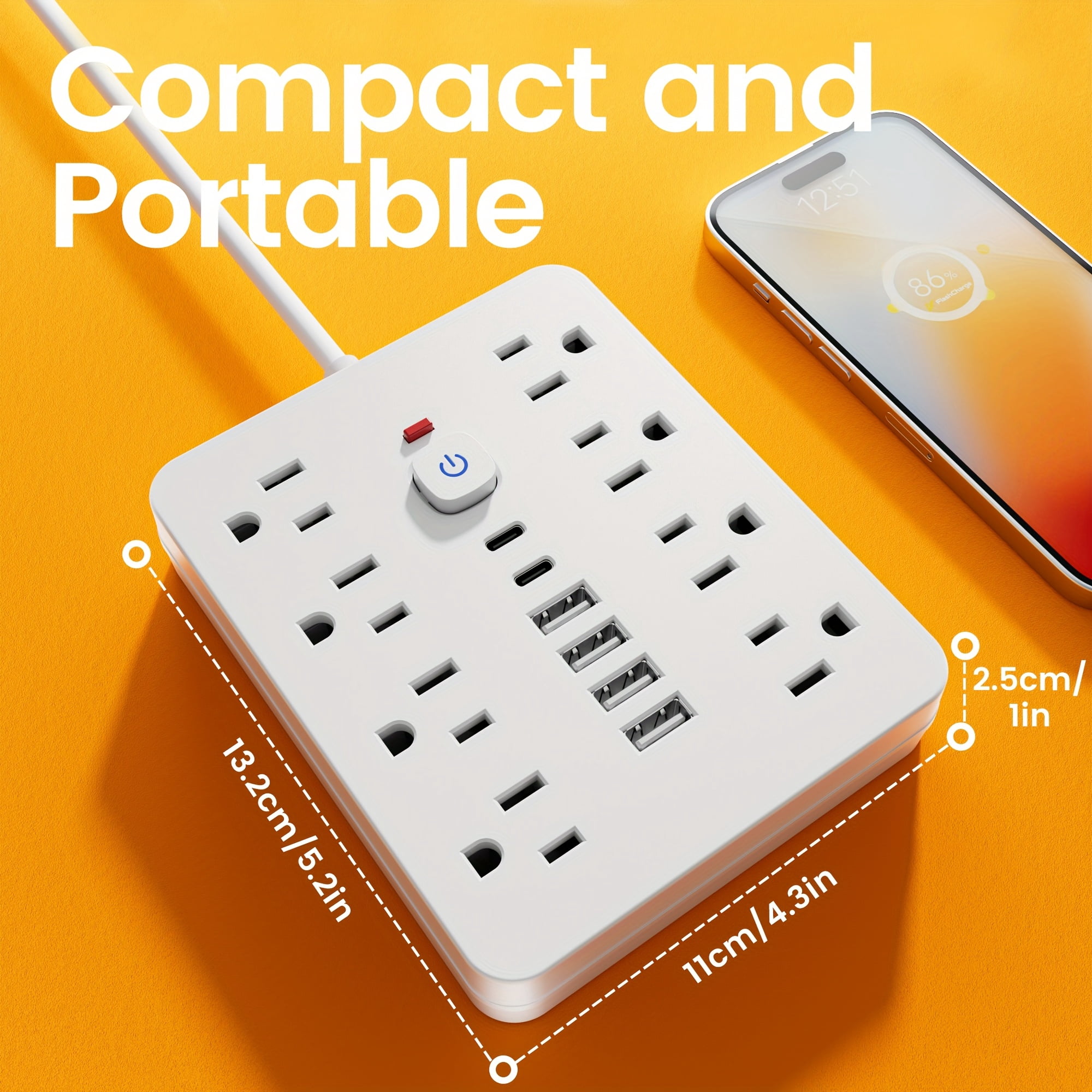 14-in-1 Power Strip: 8 AC Outlets, 6 USB Ports (2 USB-C), Surge Protector, Flat Plug, Wall Mount, Overload Protection, 5ft/10ft Cord for Home Office