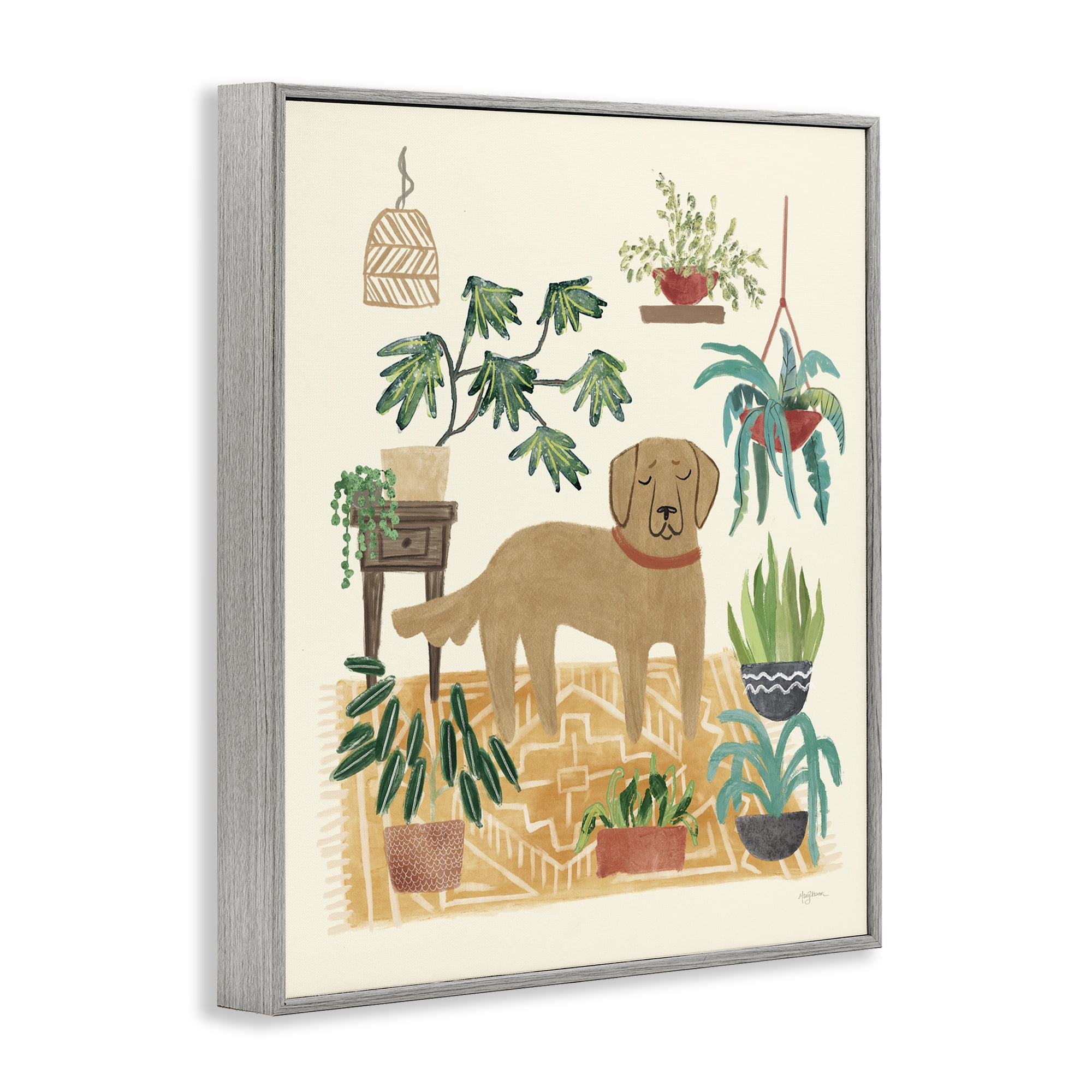 Stupell Industries Labrador with House Plants Animals & Insects Painting Gray Framed Art Print Wall Art, 11 x 14