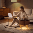 thumbnail image 6 of Homall 2-Piece Nesting Coffee Table Set, Round Coffee Tables with Hidden Drawer and Motion Sensor LED Light, Modern Living Room Tables with Storage and Metal Base, Walnut & Black, 6 of 8