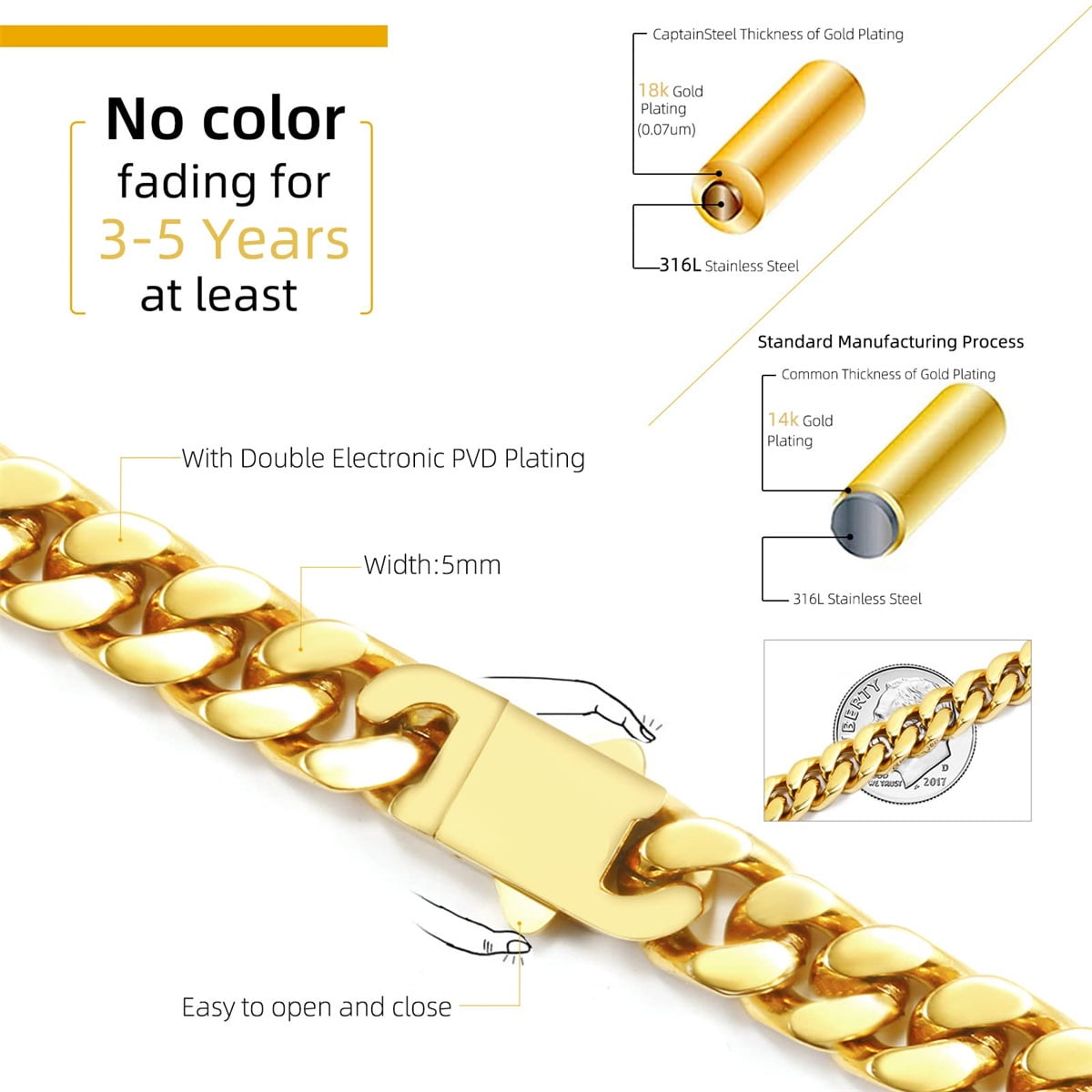 Italian Solid 18k Gold Over 925 Sterling Silver Chain Necklace for Men Women, 3.5mm, 5mm Diamond Cut Cuban Link Chain, Sturdy & Shiny & Not Easy to Fade & Comfortable 16 18 20 22 24 26 Inch