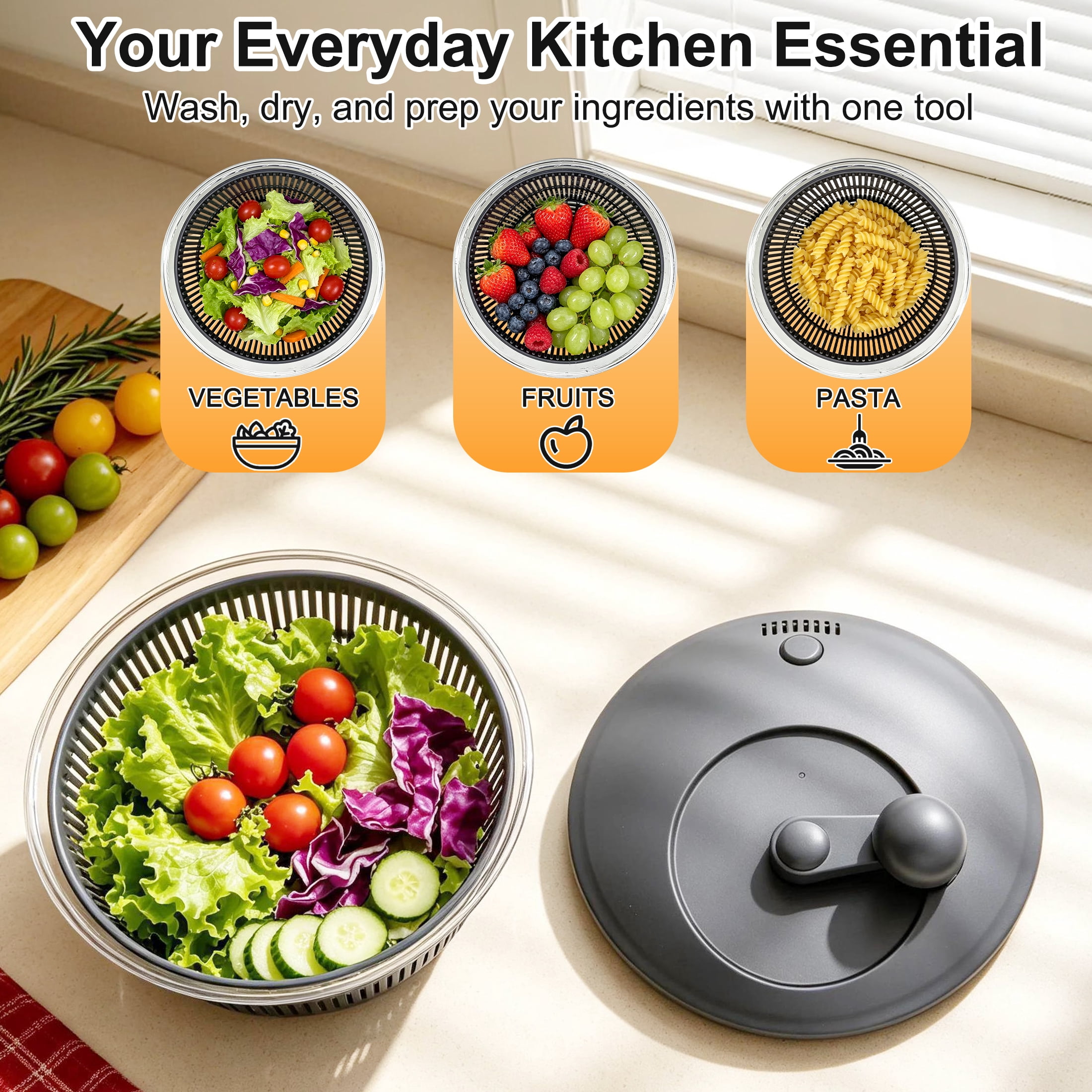 Large Salad Spinner 4.5L/4.8QT, Manual Crank Lettuce Dryer, Vegetable Washer with Locking Lid & Drain System for Fruit Greens Pasta