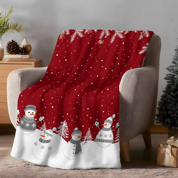 Throw Blanket Fleece Throw Blanket 50x60in, Christmas Tree Gray Snowman Soft Lightweight Bed Blankets Winter Snowflakes on Red Fuzzy Couch Blankets for All Season