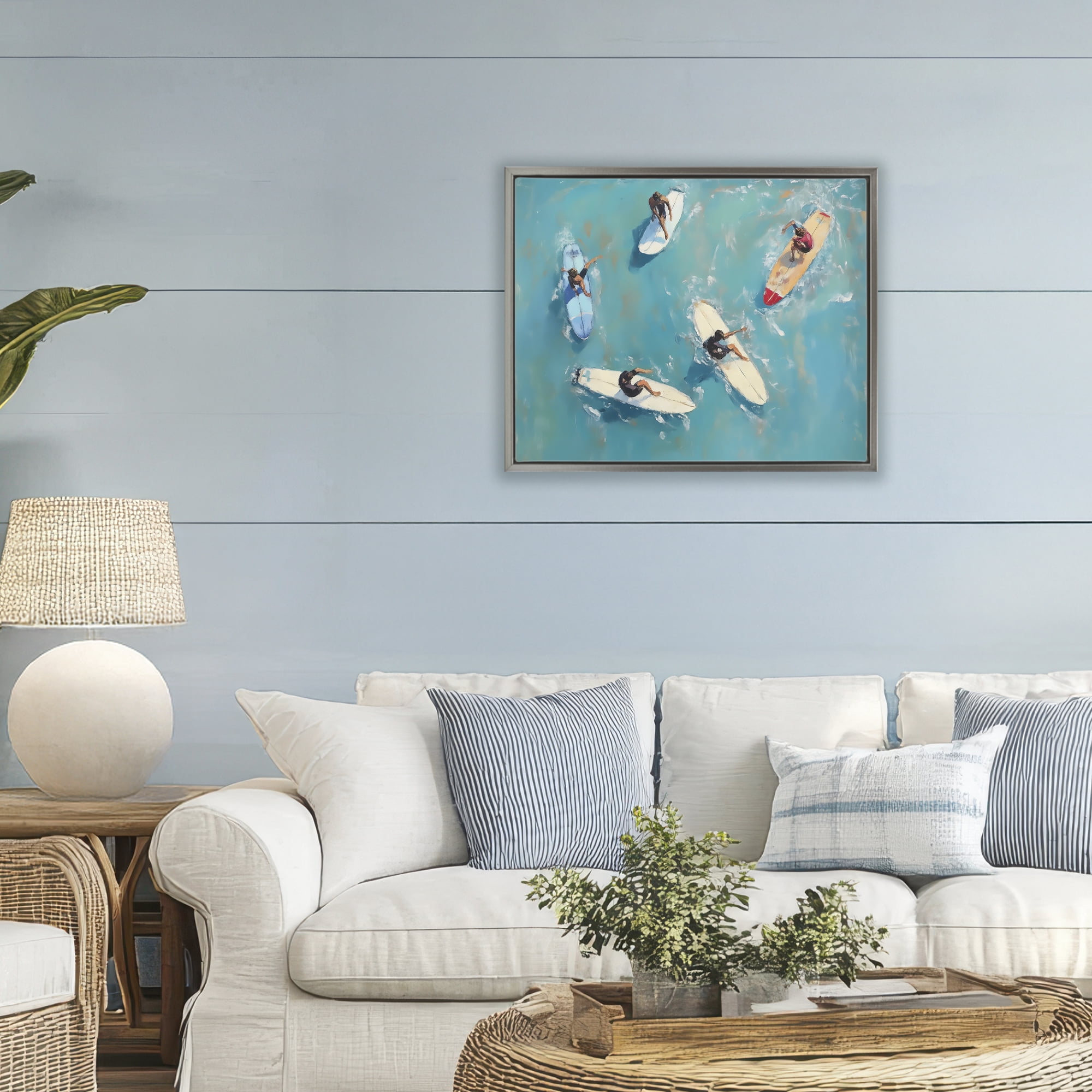 Stupell Industries Group of Surfers at Sea Gray Framed Floater Canvas Wall Art, design by LSR Design Studio