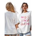 thumbnail image 7 of Women's T-Shirt Pink Cartoon Sweet Bow Baseball Bat Short Sleeve Casual Tee Classic Crew Neck T Shirt for Women White, M, 7 of 7