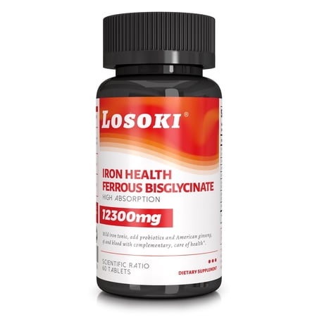 Losoki Iron Bisglycinate 20 mg Supplement - Vitamin C & B12 Probiotics Supports Energy - 60 Tablets