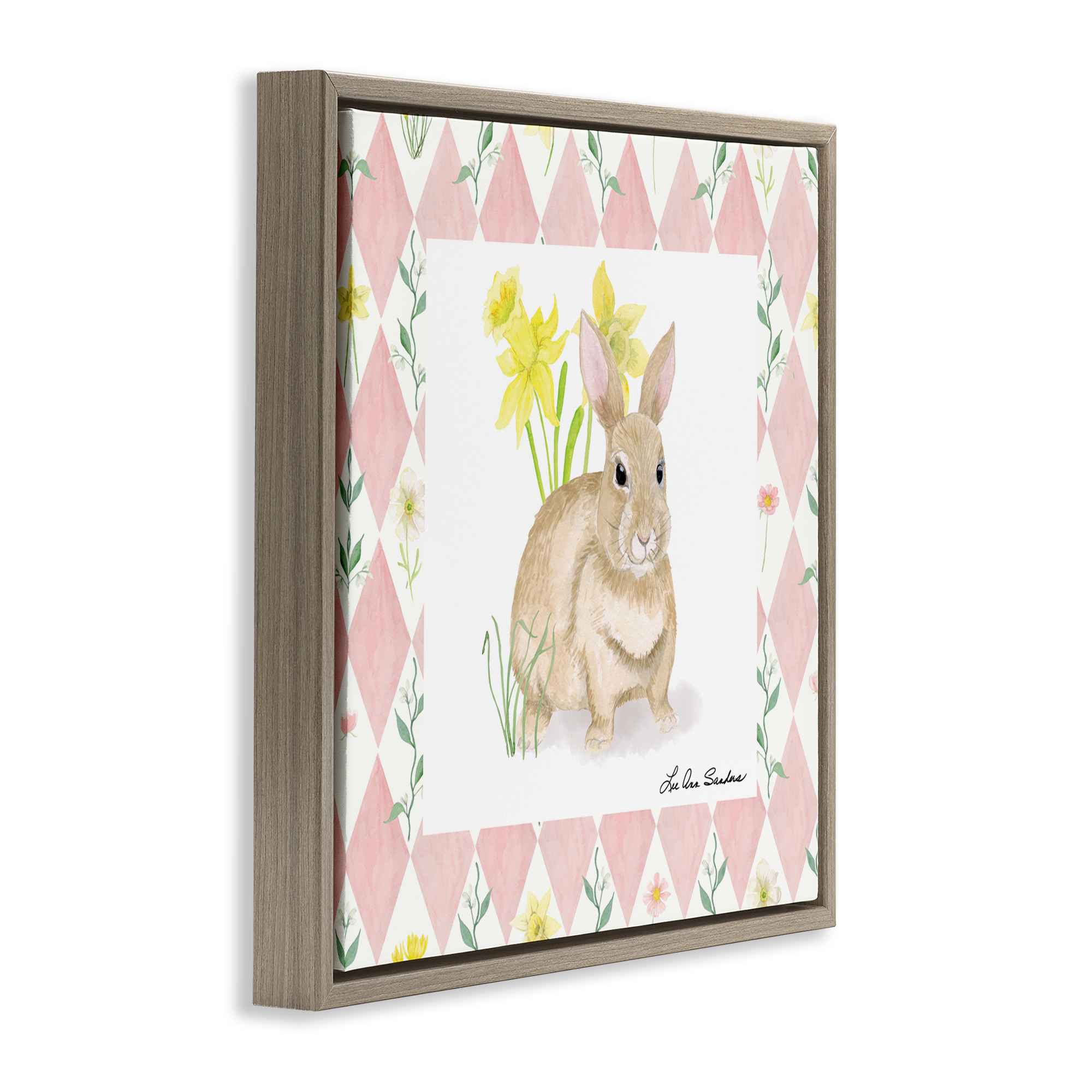 Bunny on Pink Argyle Brown Framed Floater Canvas Wall Art, design by Lee Ann Sanders