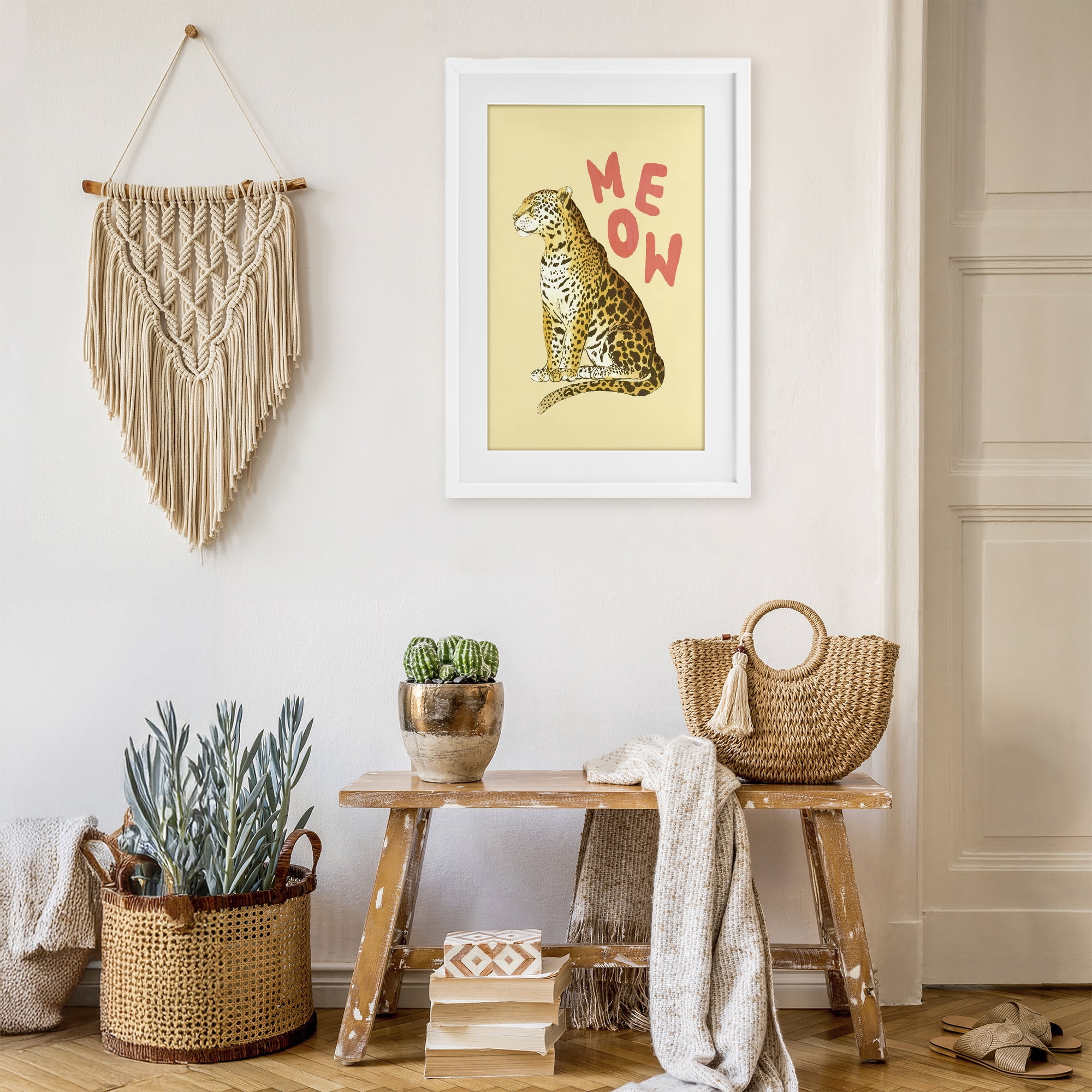 Stupell Industries Meow Leopard on Yellow White Framed Print Under Glass, design by Florentina Dolci