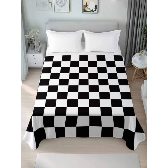Simple Black White Checkered Twim Size Flat Sheet, Wrinkleproof & Fadeproof Cooling Flat Bed Sheet Only, Lattice Buffalo Plaid Breathable Soft Bedding Top Sheets 66 x 96 Inches