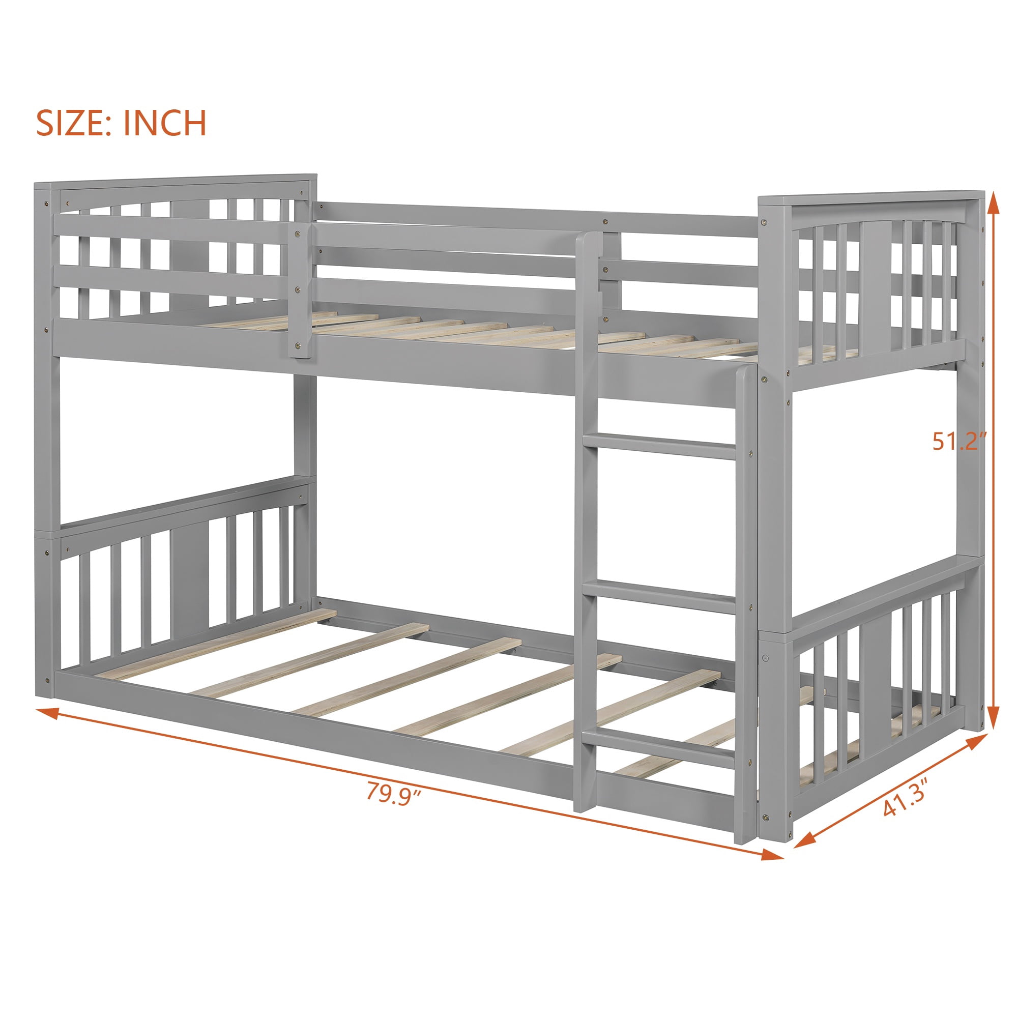 PORKISS Low Bunk Beds for Kids, New Upgraded Twin Over Twin Floor Bunk Bed with Ladder, Modern Bedroom Furniture Wood Bunk Bed for Boys Girls Teens, Easy Assembly, Gray