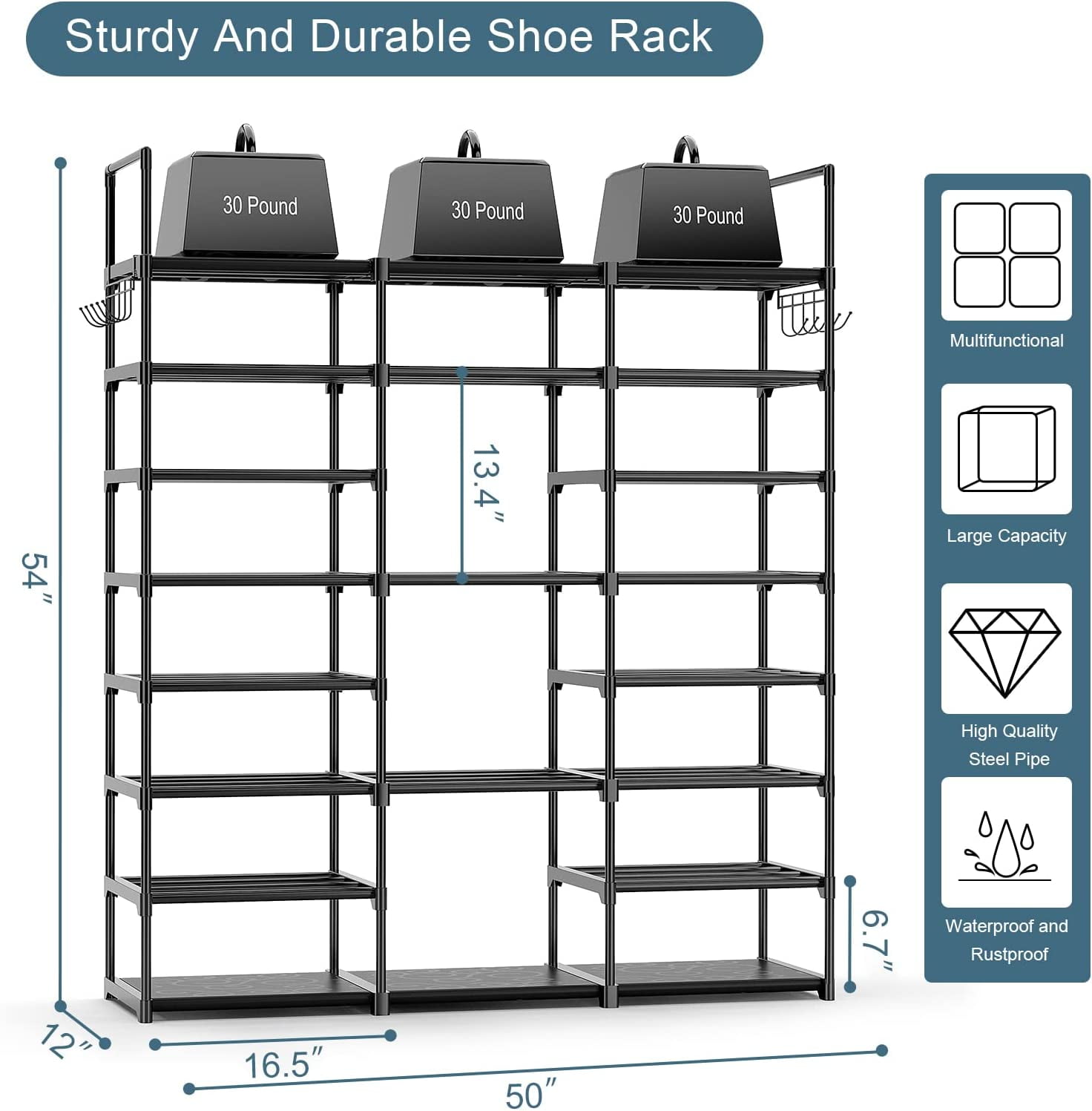 GoDecor Tall Shoe Rack Organizer, Garage Shoe Shelf Large Capacity, Large Shoe  Rack with 3 Rows & Hooks, Storage Boot Rack Shelf 80 Pairs Black 