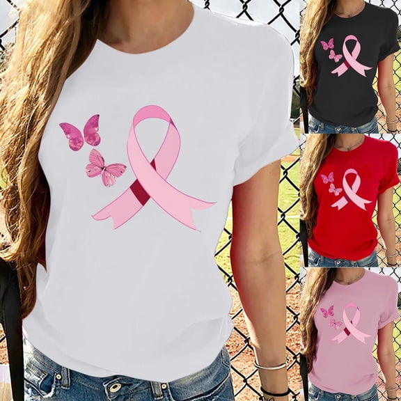 Wiyuqeen Breast Cancer Shirts for Women Breast Cancer Awareness Pink Ribbon Tee Short Sleeve Crew Neck Breast Cancer Walk Event