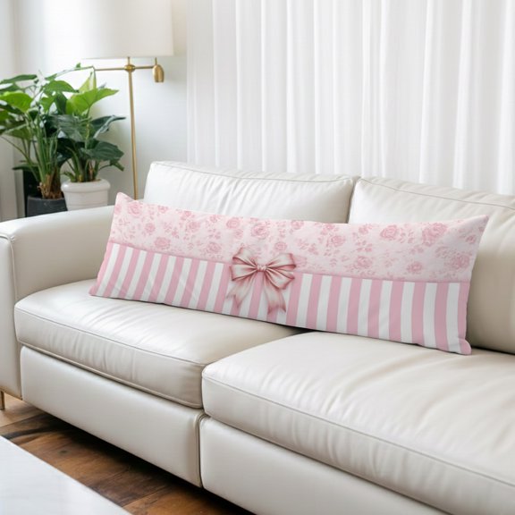 Pink Bow Body Pillow Cover, Pillowcase Protectors with Zipper, Breathable Decorative Throw Pillow Case Cover, Farmhouse Roses Floral Stripes Rustic Modern Pillow Shams for Couch Sofa 20x54Inch