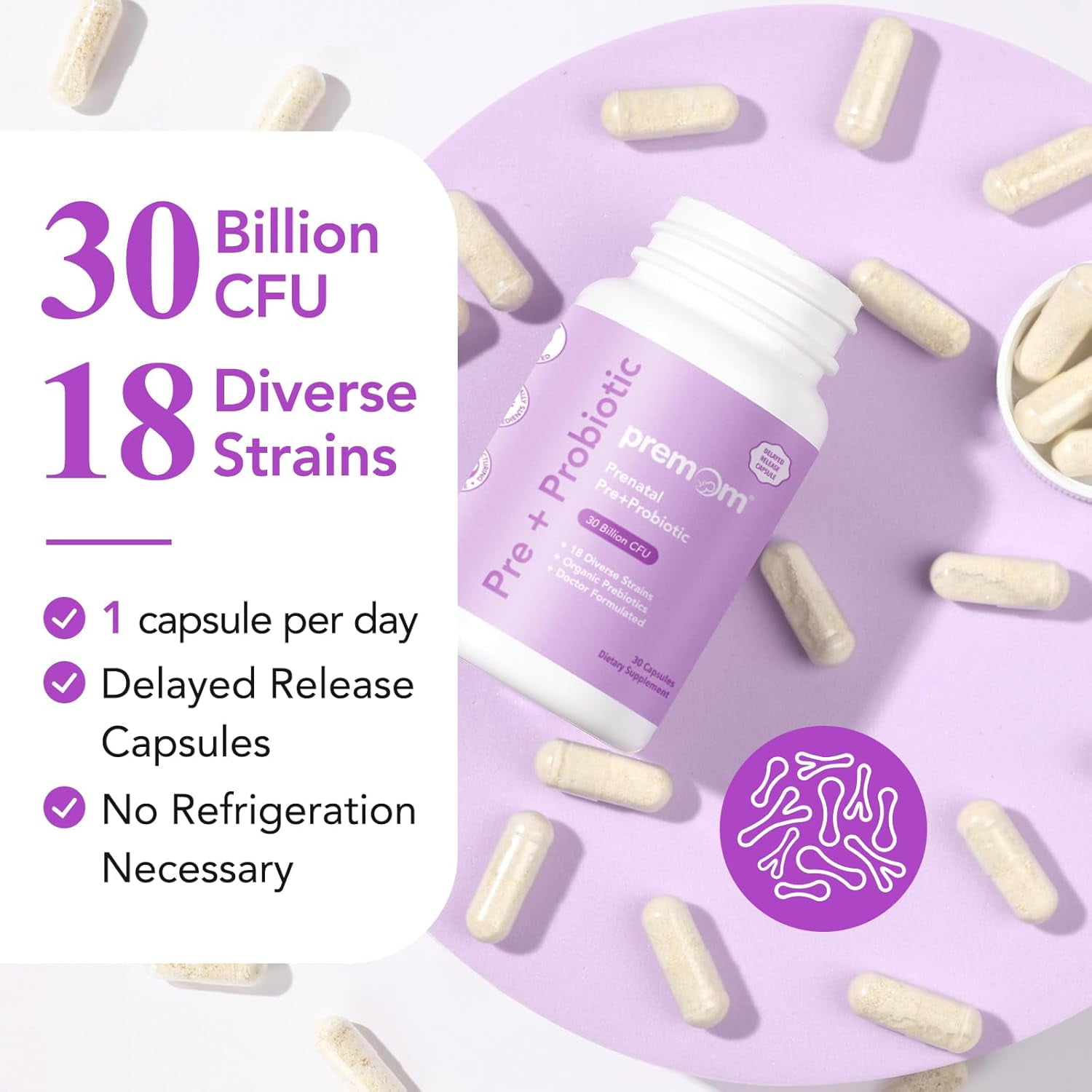 Premom Prenatal Pre & Probiotics for Women - 30 Billion CFU, 18 Diverse Strains