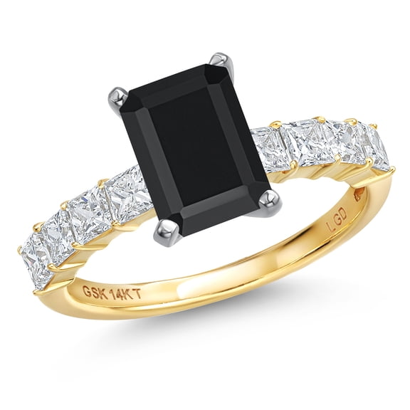 Gem Stone King 14K White And Yellow Gold Black Onyx and Lab Grown Diamond Engagement Ring for Women | 4.09 Cttw | Octagon 10X8MM | Gemstone December Birthstone | Size 7