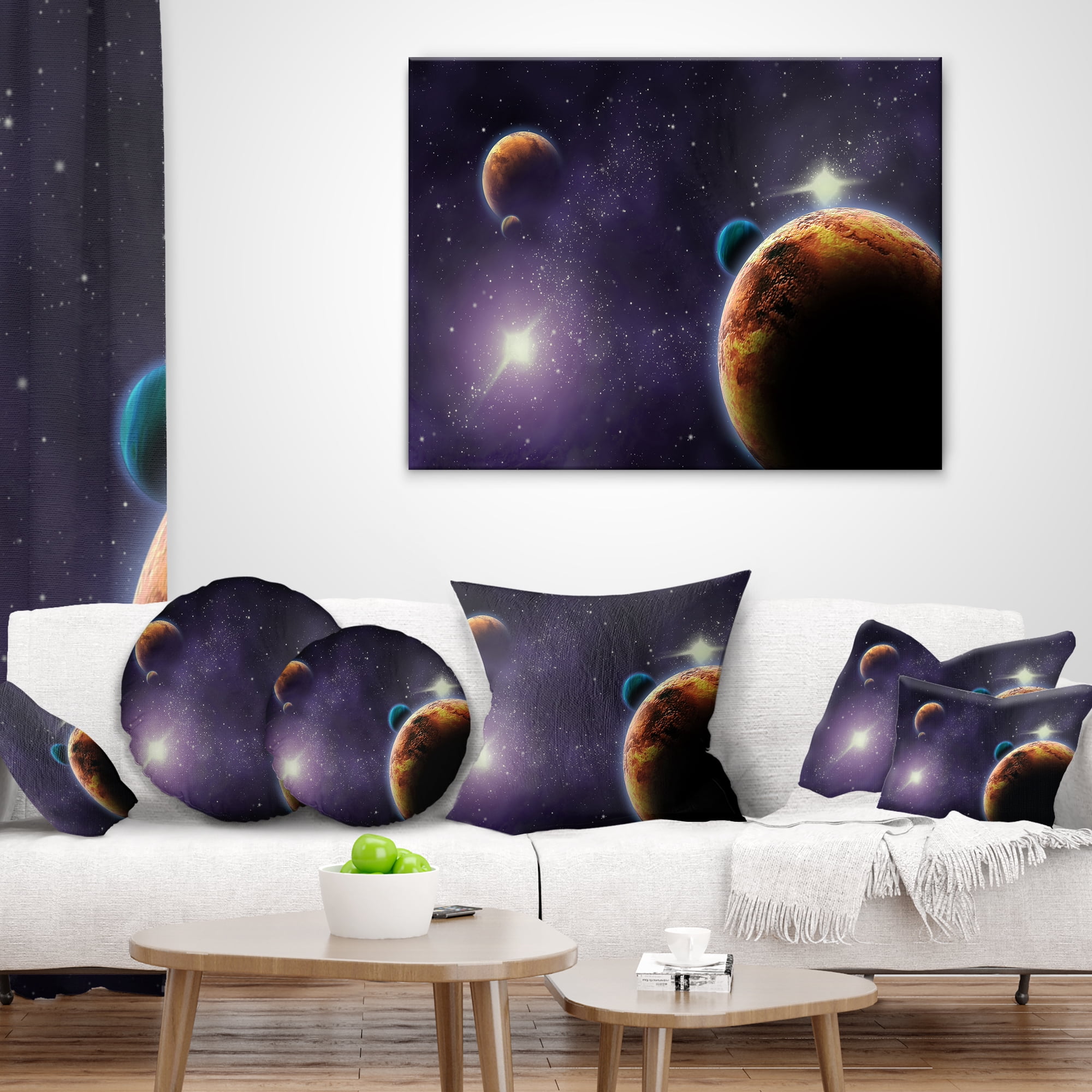 Designart Planets in Deep Dark Space - Contemporary Throw Pillow - 12x20